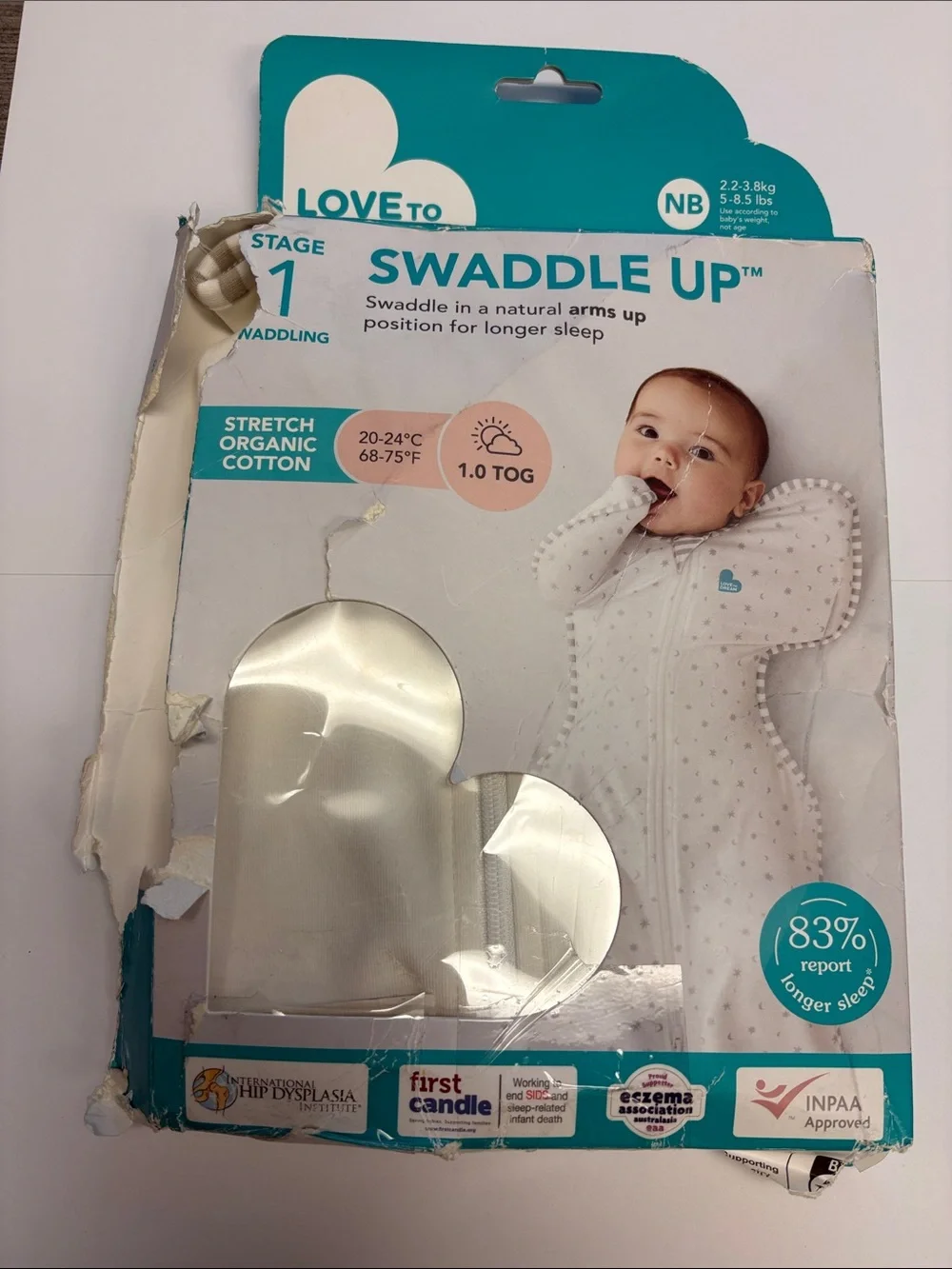 Love to Dream Swaddle Up One-Piece in White with Gray Star Print NB 5-8.5 lbs.